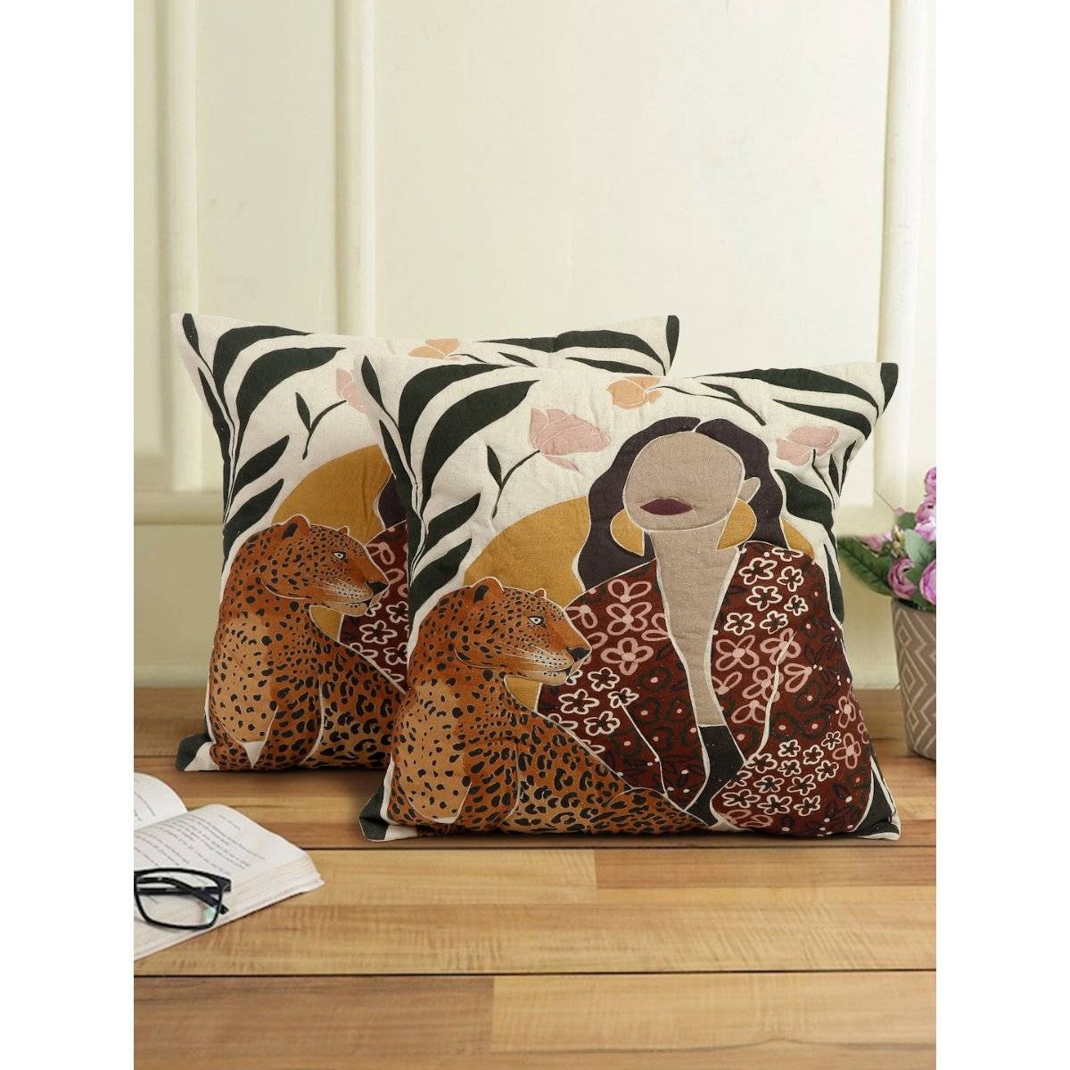 Eyda Brown Digital Printed Cotton Cushion Cover Set of 2 (20x20 Inch)