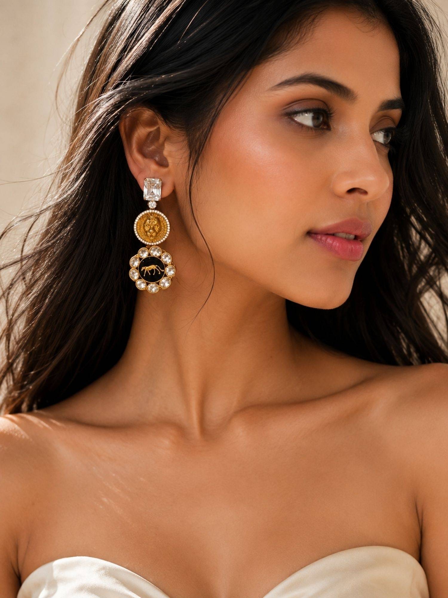 Abdesigns Elite Gold Plated American Diamond White Drop Earrings