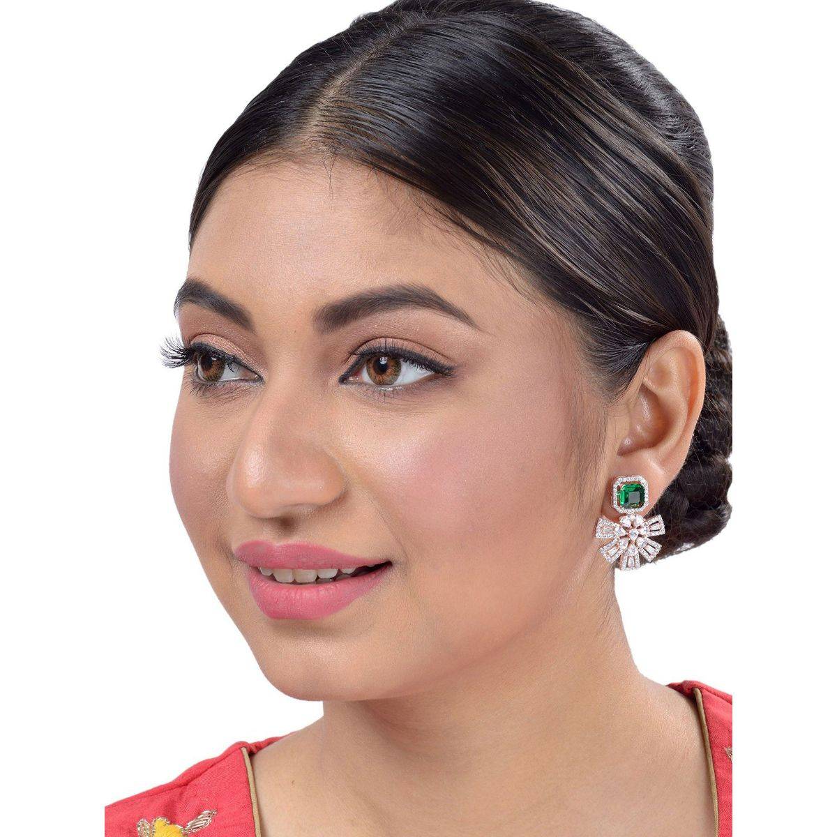 Saraf RS Jewellery Exquisite Emerald Floral Design Green Rose Gold Plated American Diamond Earring (Onesize)