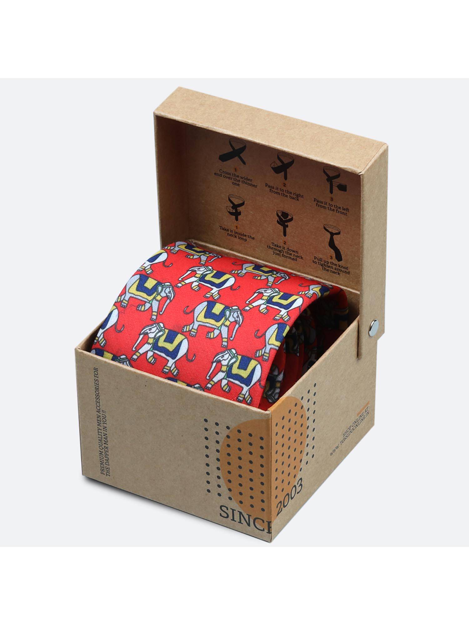 Tossido Red Royal Mahout Elephant Rich Printed Necktie