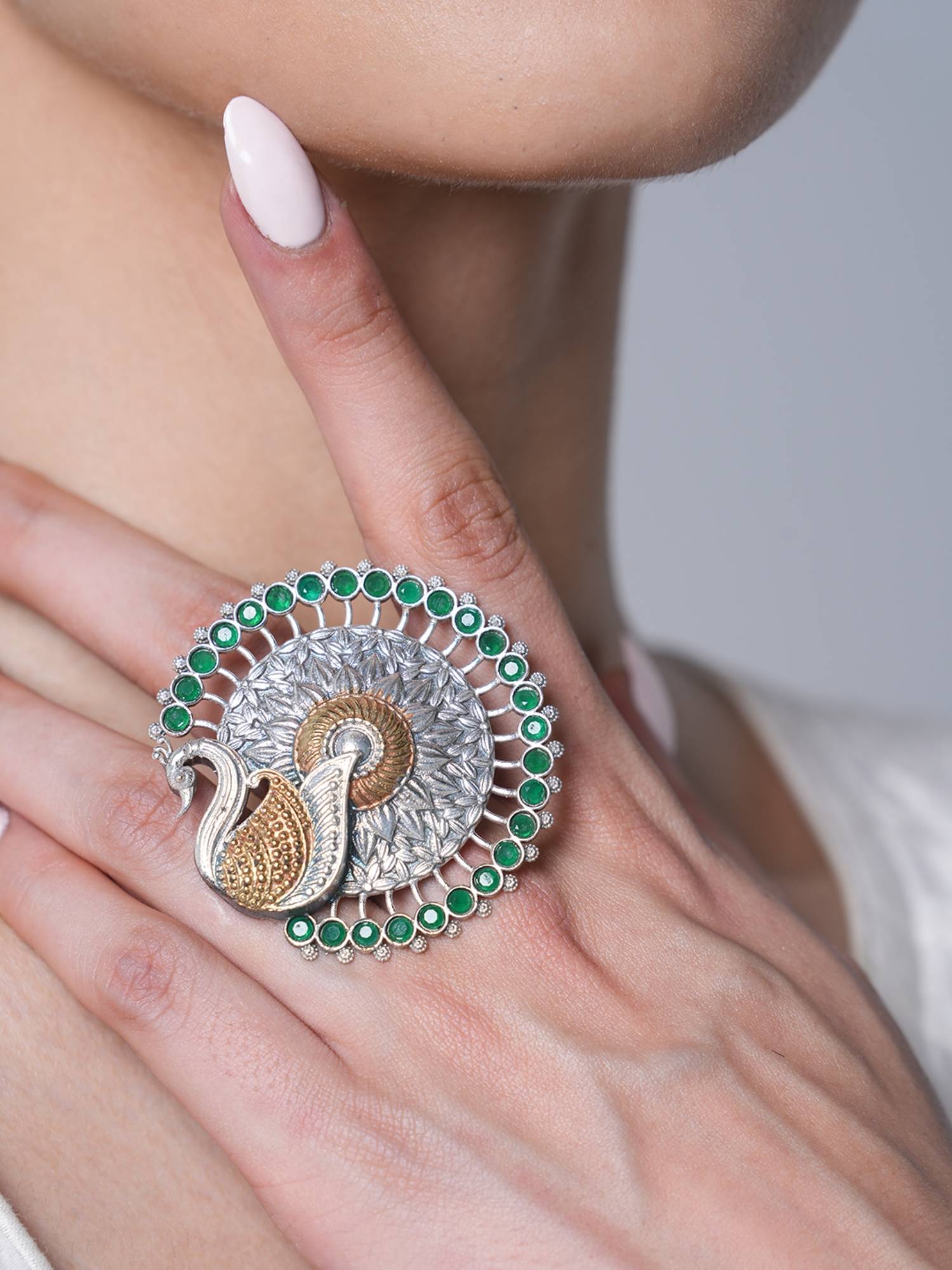 CAO JEWELLERY Green Silver Polish Peacock Ring