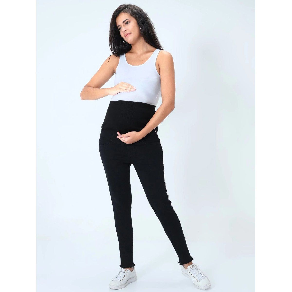 The Mom Store Distress Taped Maternity Denims With Belly Supportblack