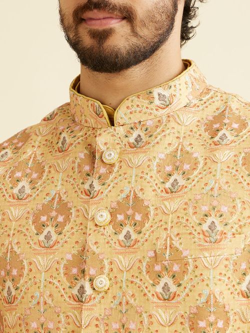 Buy Manyavar Yellow Blended Viscose Embroidered Jacquard Kurta