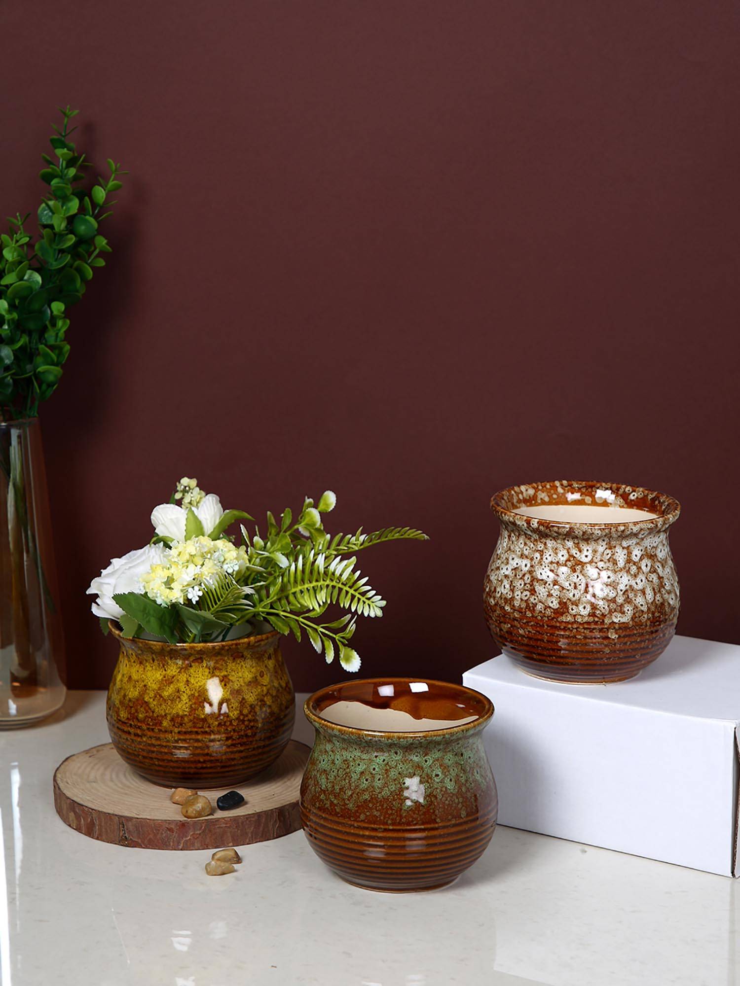 Tayhaa Brown Rustic Glaze Ceramic Planters (Pack of 3)
