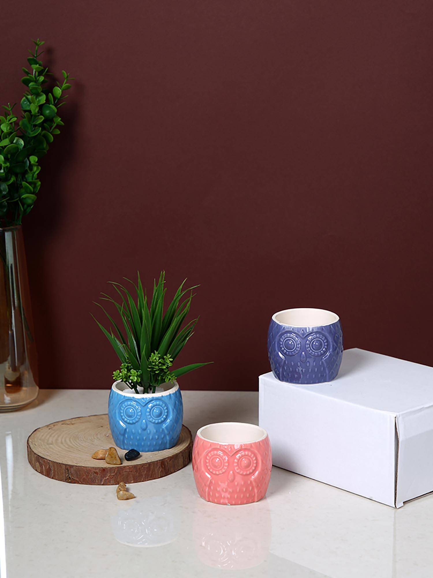 Tayhaa Multi-Color Owl Charm Ceramic Planters (Pack of 3)