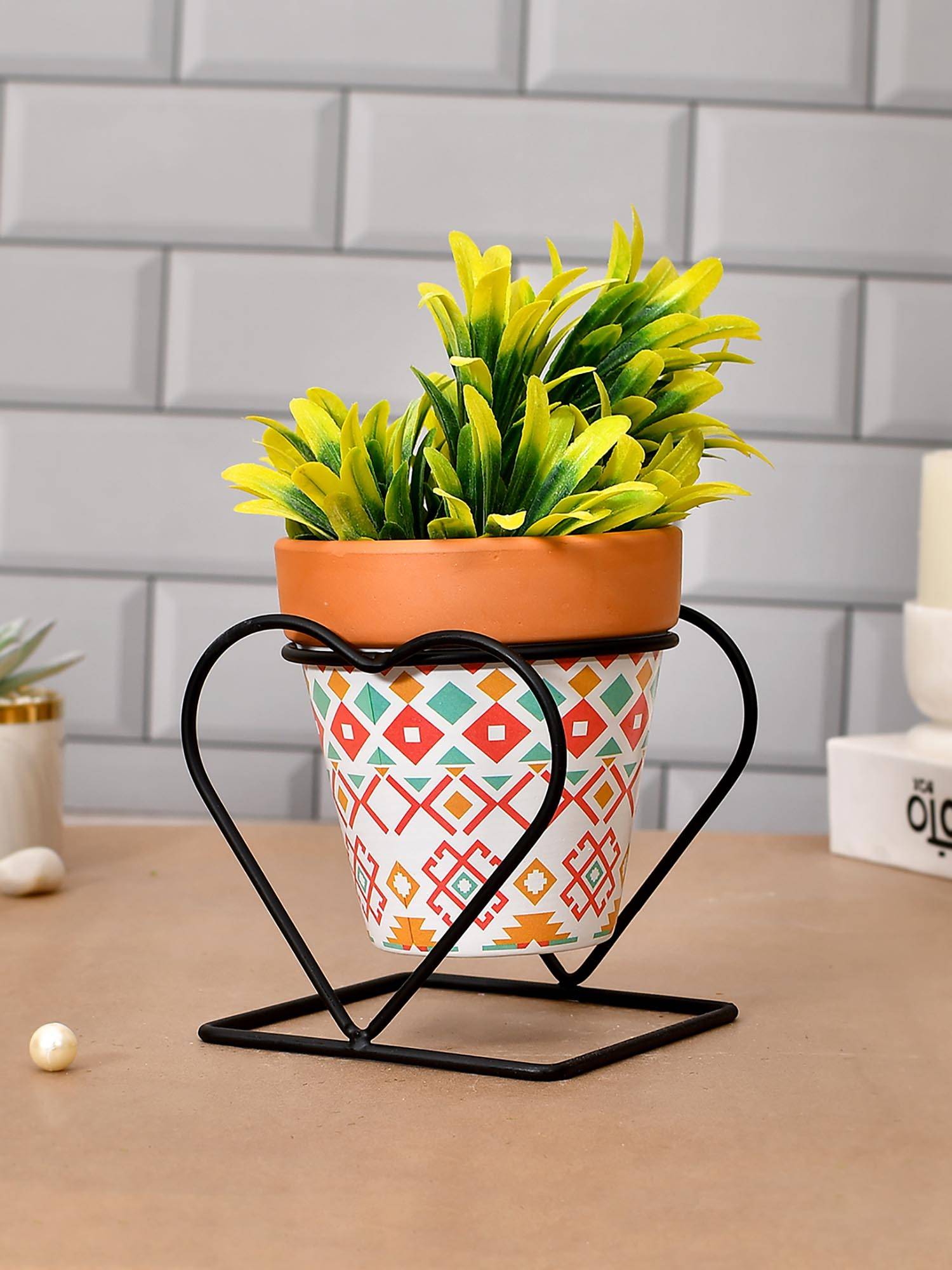Tayhaa Brown Multi Vibrant Ceramic Planter with Heart Shaped Stand