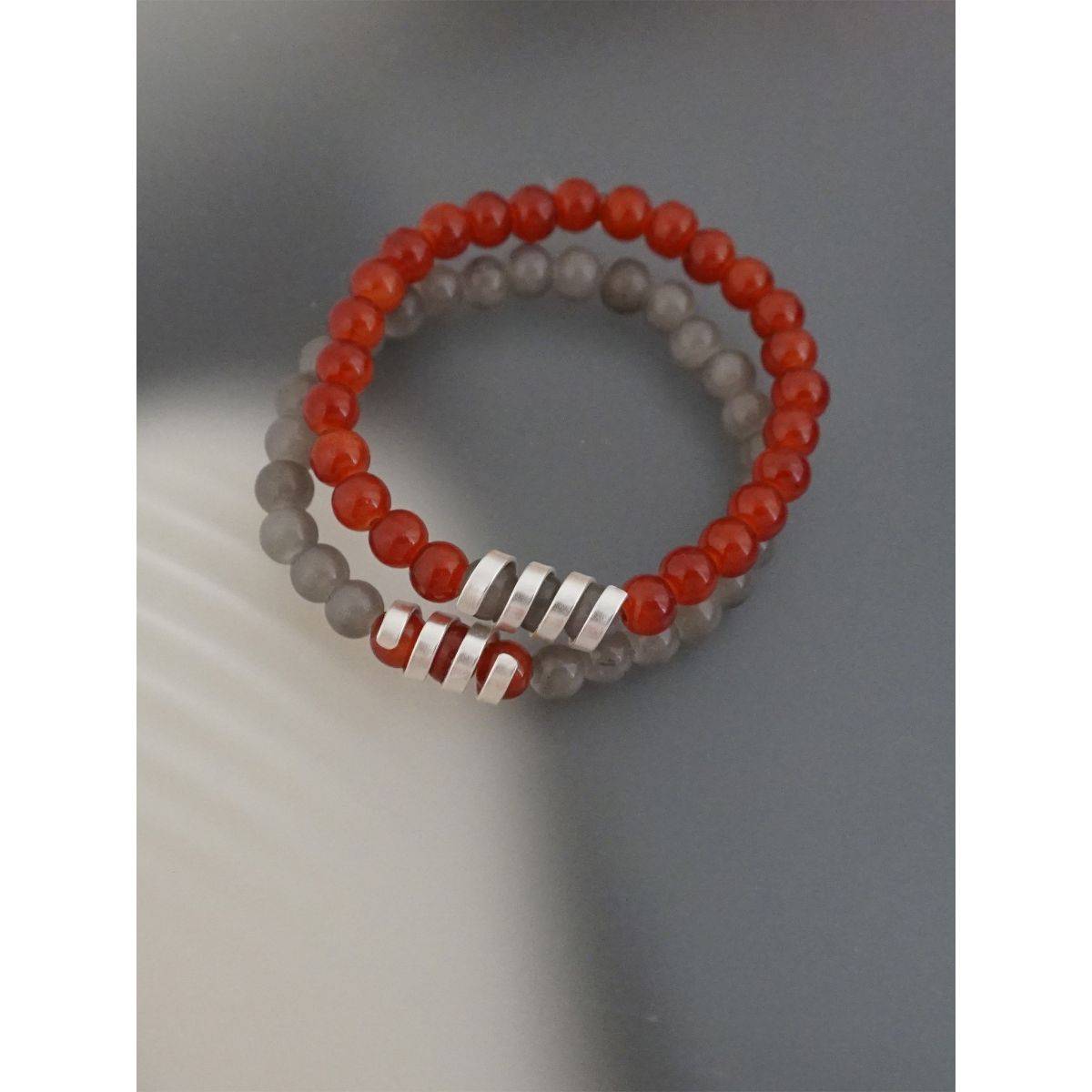 Suhani Pittie Silver Plated Scrolled Red & Grey Glass Beads Distance Bracelet (Set Of 2)