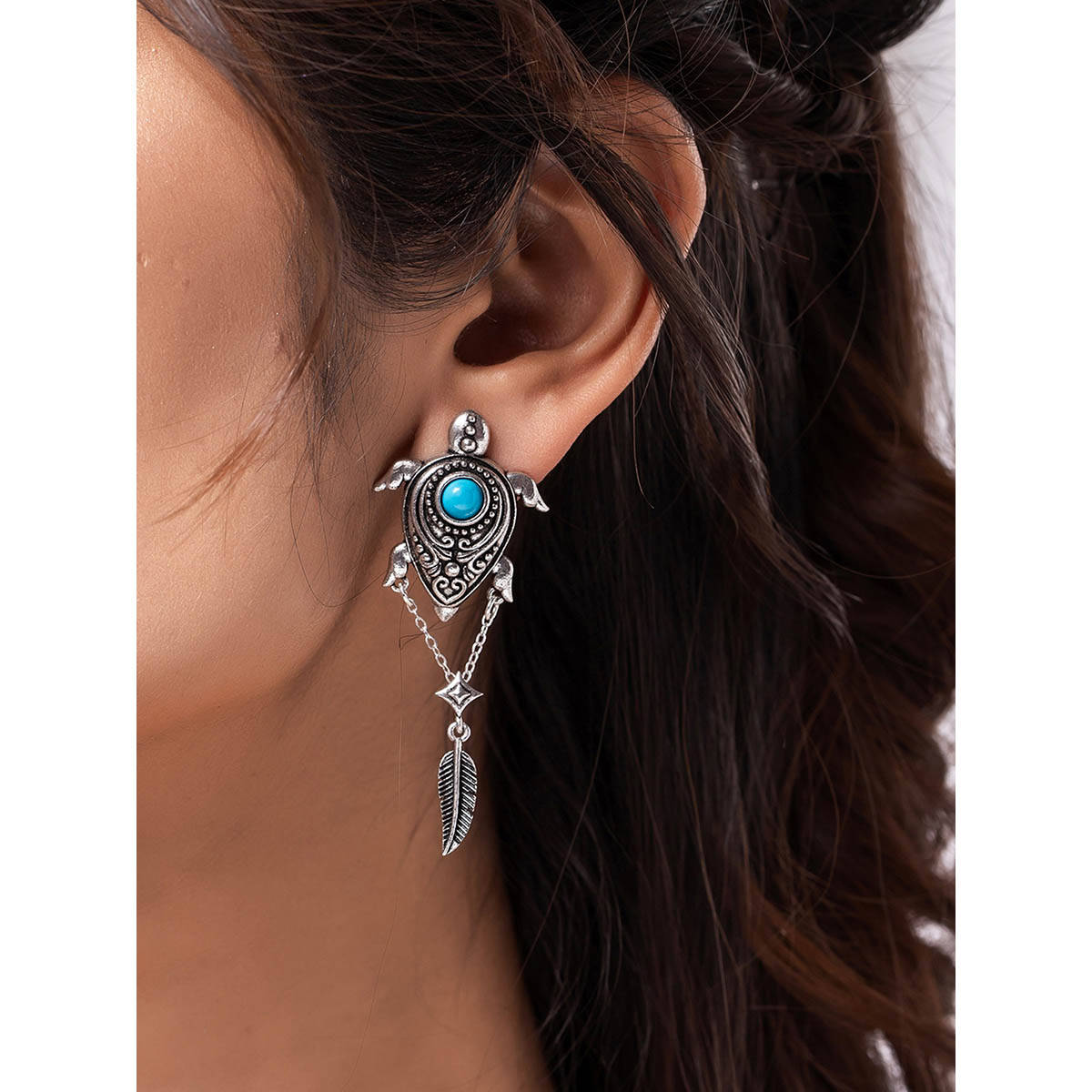 Voylla Boho Tribe Turtle Turquoise Oxidised Dangle Earrings
