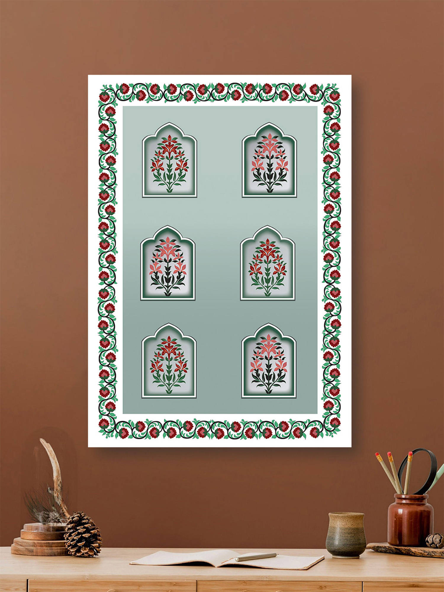 Nestroots Mughal Marvels in Green Wall Painting Multi-Color Canvas Stretch