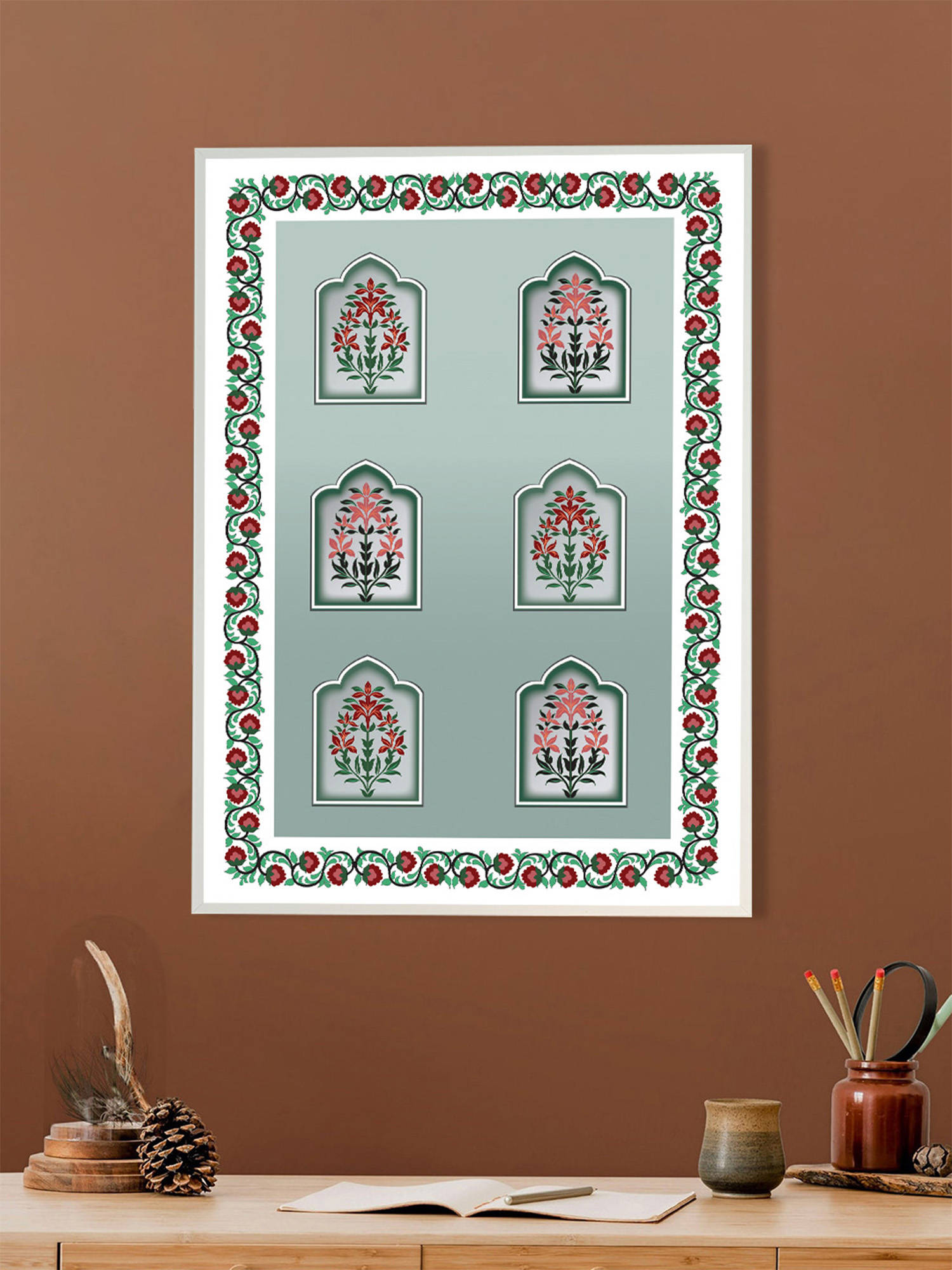 Nestroots Mughal Marvels in Green Wall Painting White Floating Frame