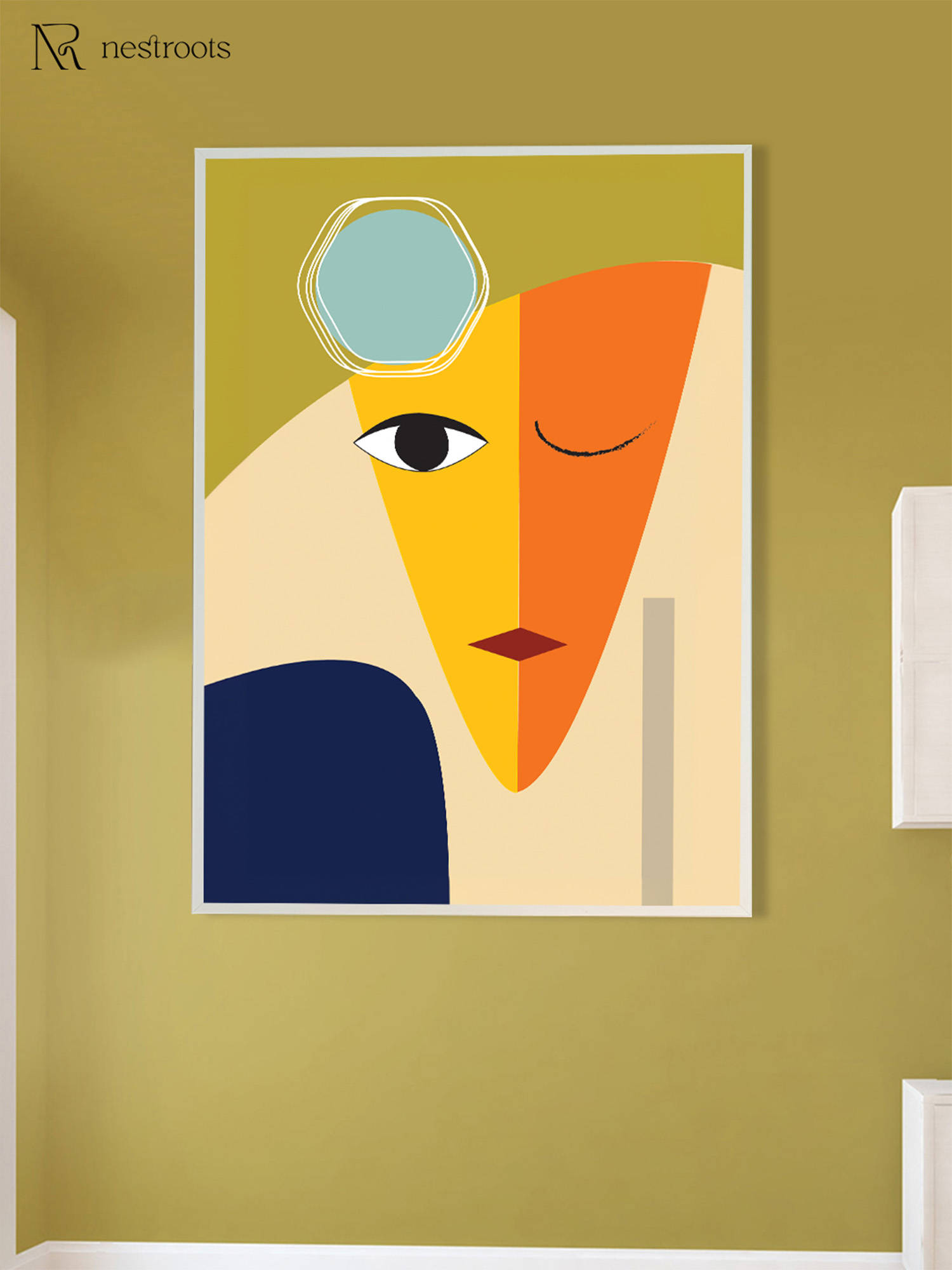 Nestroots Vibrant Abstract Face Artwork White Floating Frame