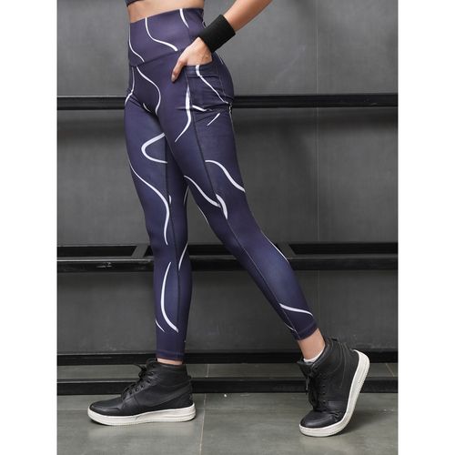 SOIE Womens High Waist Ankle Length Quick Dry Printed Sports Leggings Navy  Blue (S)