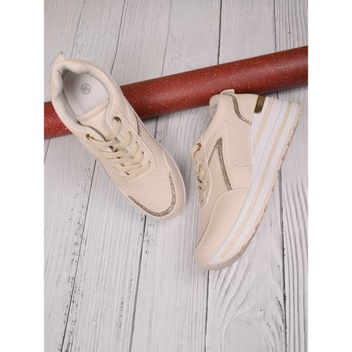 Jove Women Beige Glitter Wedge Heel Sneakers (EU 37)