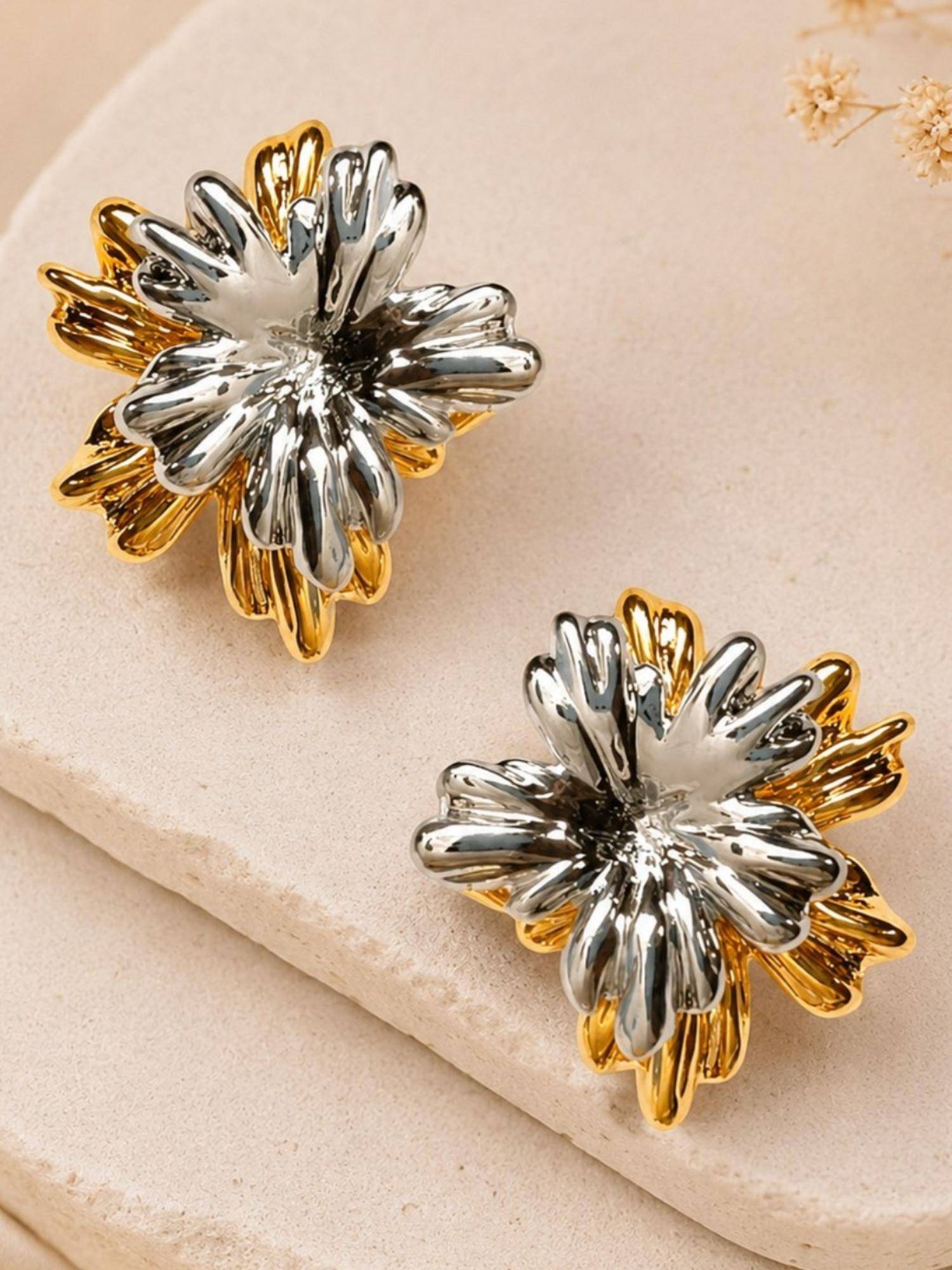 Fabula Gold & Silver Dual Tone Floral Anti Tarnish Stud Earrings
