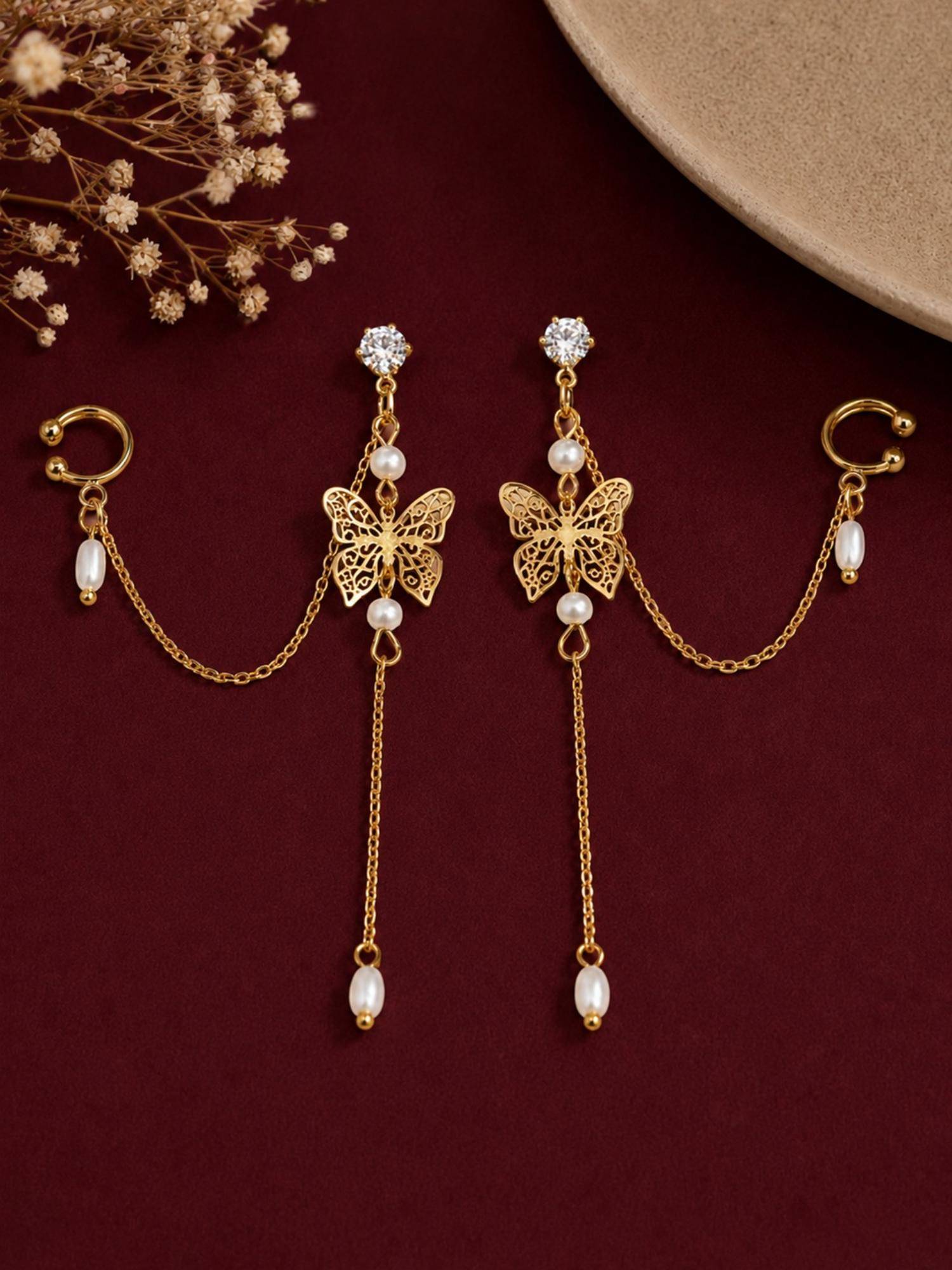 Fabula Gold Tone Butterfly Pearl Chain Fashion Earrings