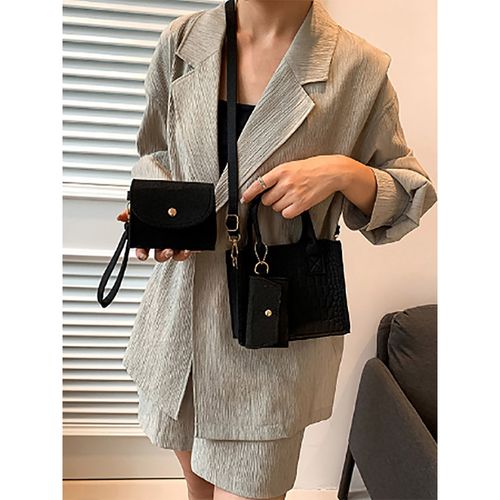 Styli Womens Black Set of Plain Handbag, Pouch and Purse (Set of 3)