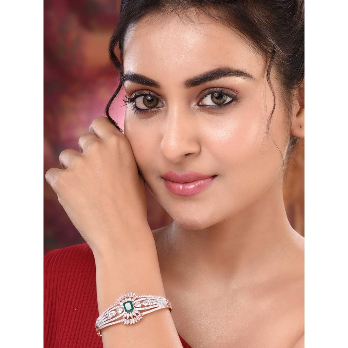 Saraf RS Jewellery Rose Gold Toned Green Ad Encrusted Statement Kada Bracelet