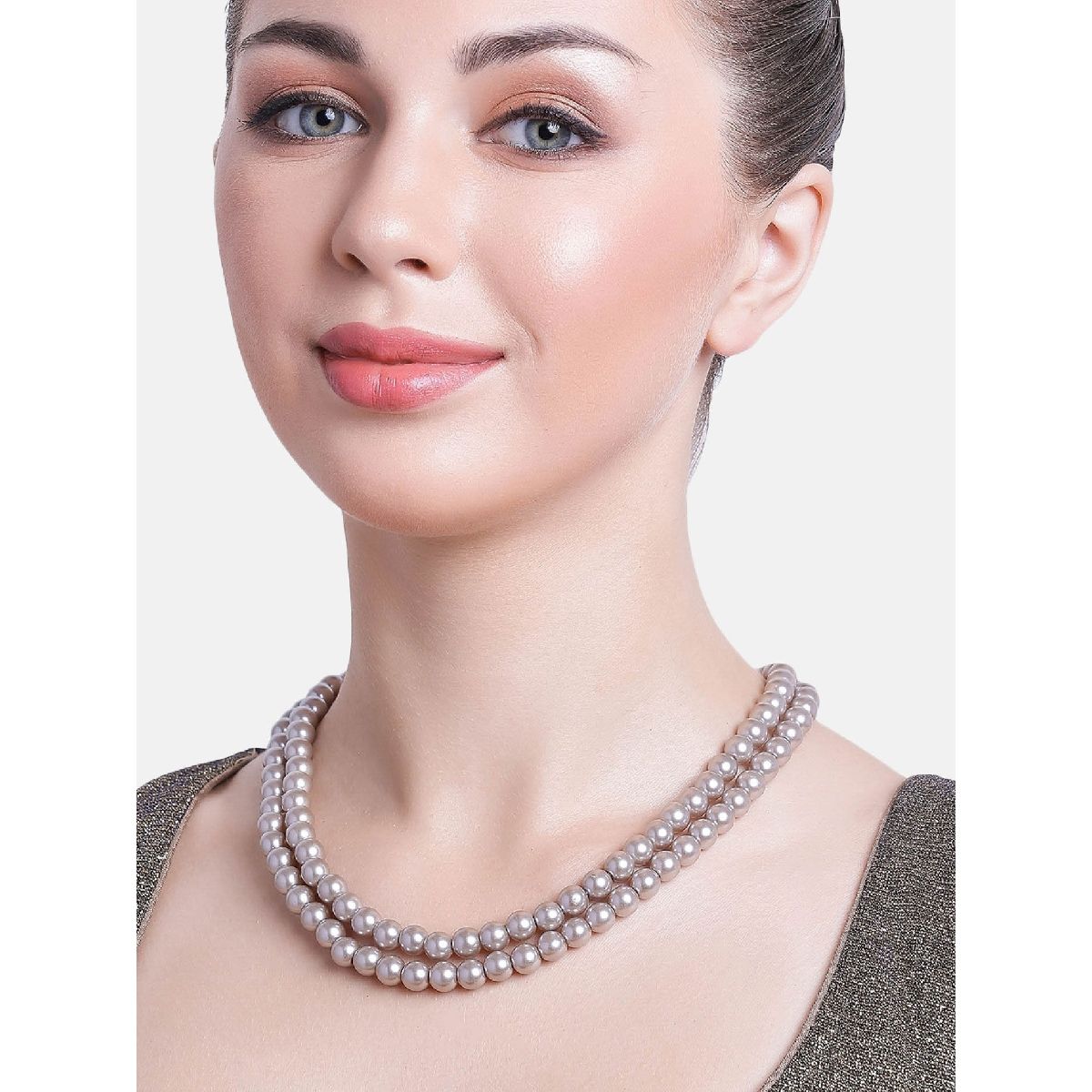 Estele Rhodium Plated Amore Double Line Pearl Necklace for Women: Buy ...