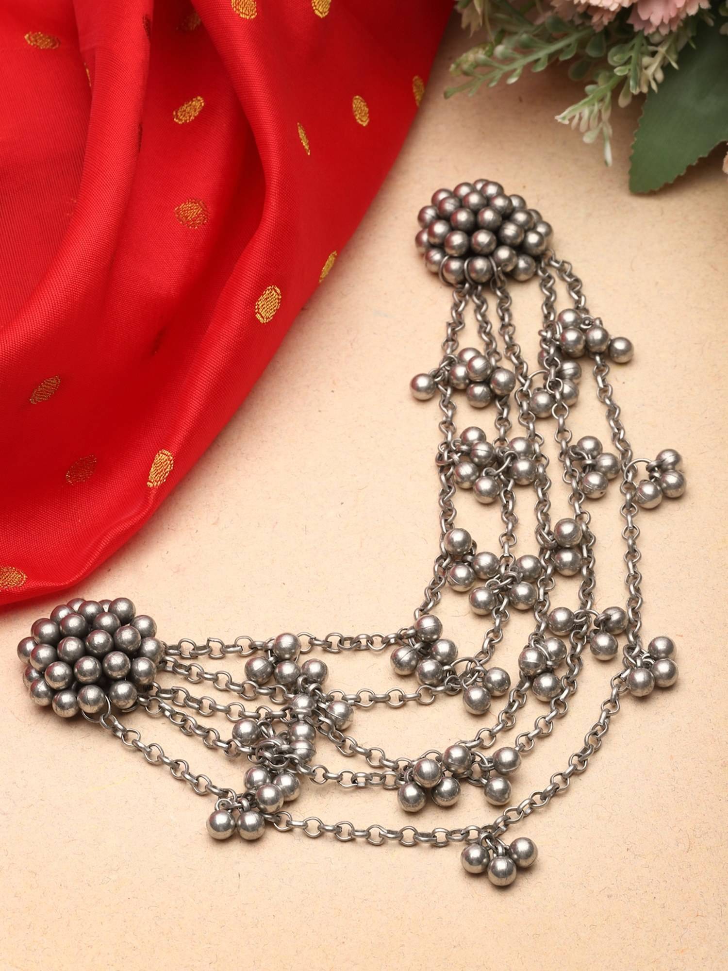 Moedbuille Handcrafted Ghungroo Studded Multi Layered Oxidised Silver Plated Bun Pin