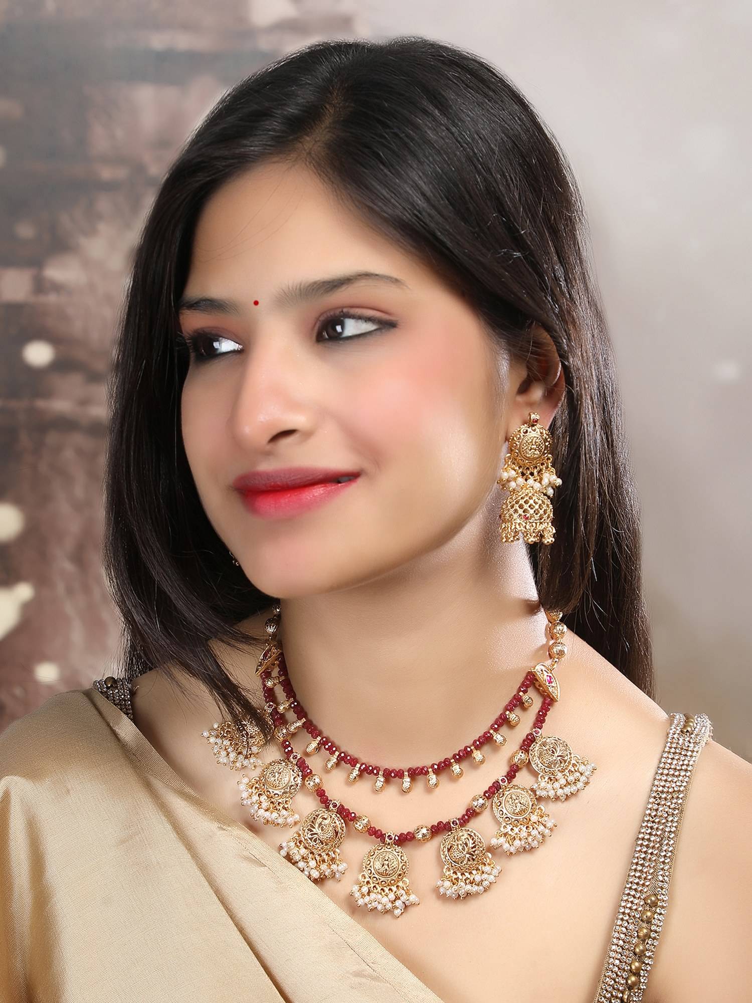 STILEADDA Red Beads Double Line Filigree Necklace Set