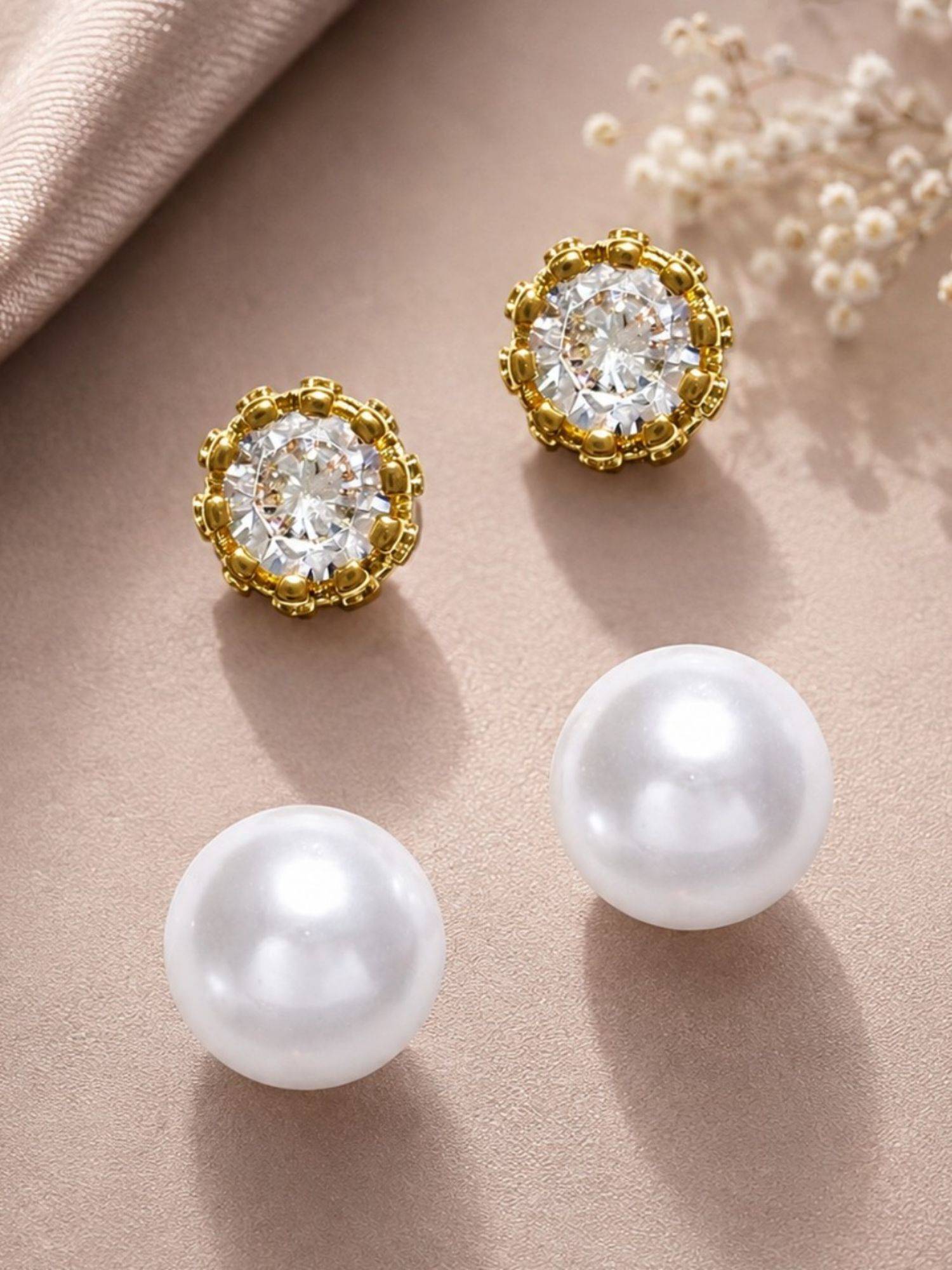 OOMPH White Pearl and Crown Cubic Zirconia Anti Tarnish Stud Earrings (Pack of 2)