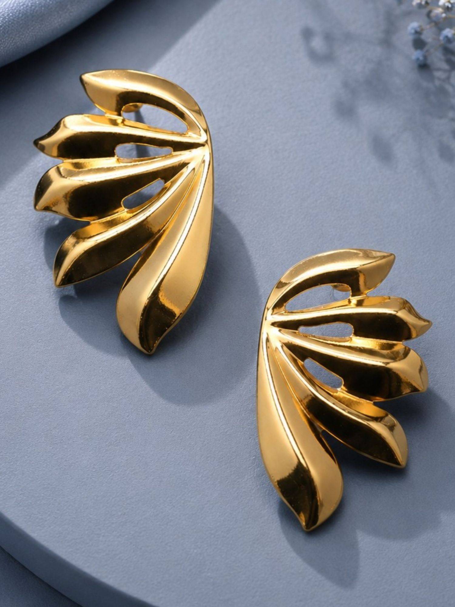 OOMPH Gold Tone Leaf Design Anti Tarnish Drop Earrings