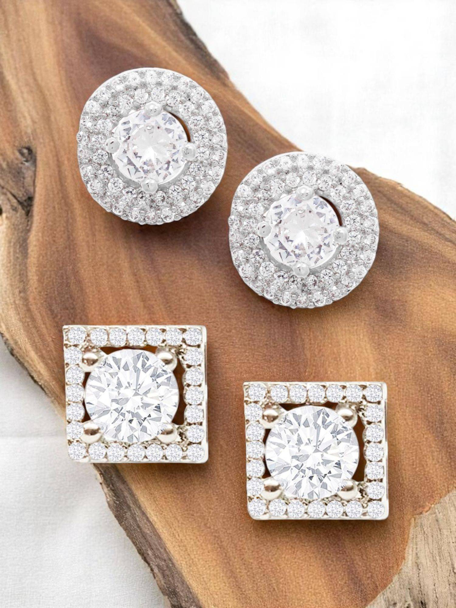 OOMPH Anti Tarnish Silver Solitaire Cubic Zirconia Stud Earrings (Pack of 2)