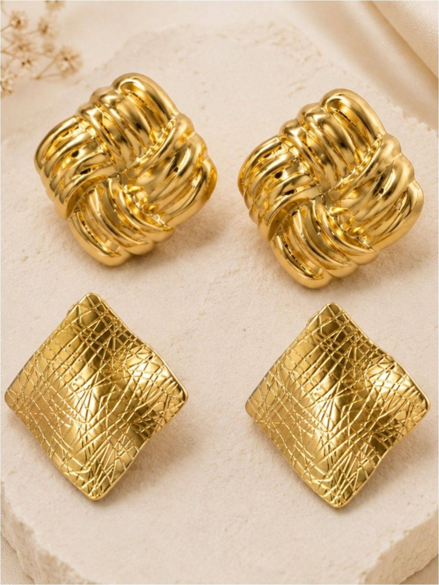 OOMPH Gold Anti Tarnish Knotted and Crumpled Square Big Stud Earrings (Pack of 2)