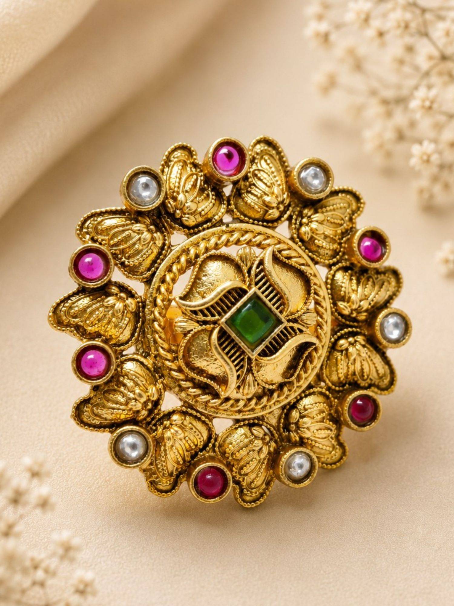 OOMPH Antique Gold Multi-Color Kundan Traditional Adjustable Ring