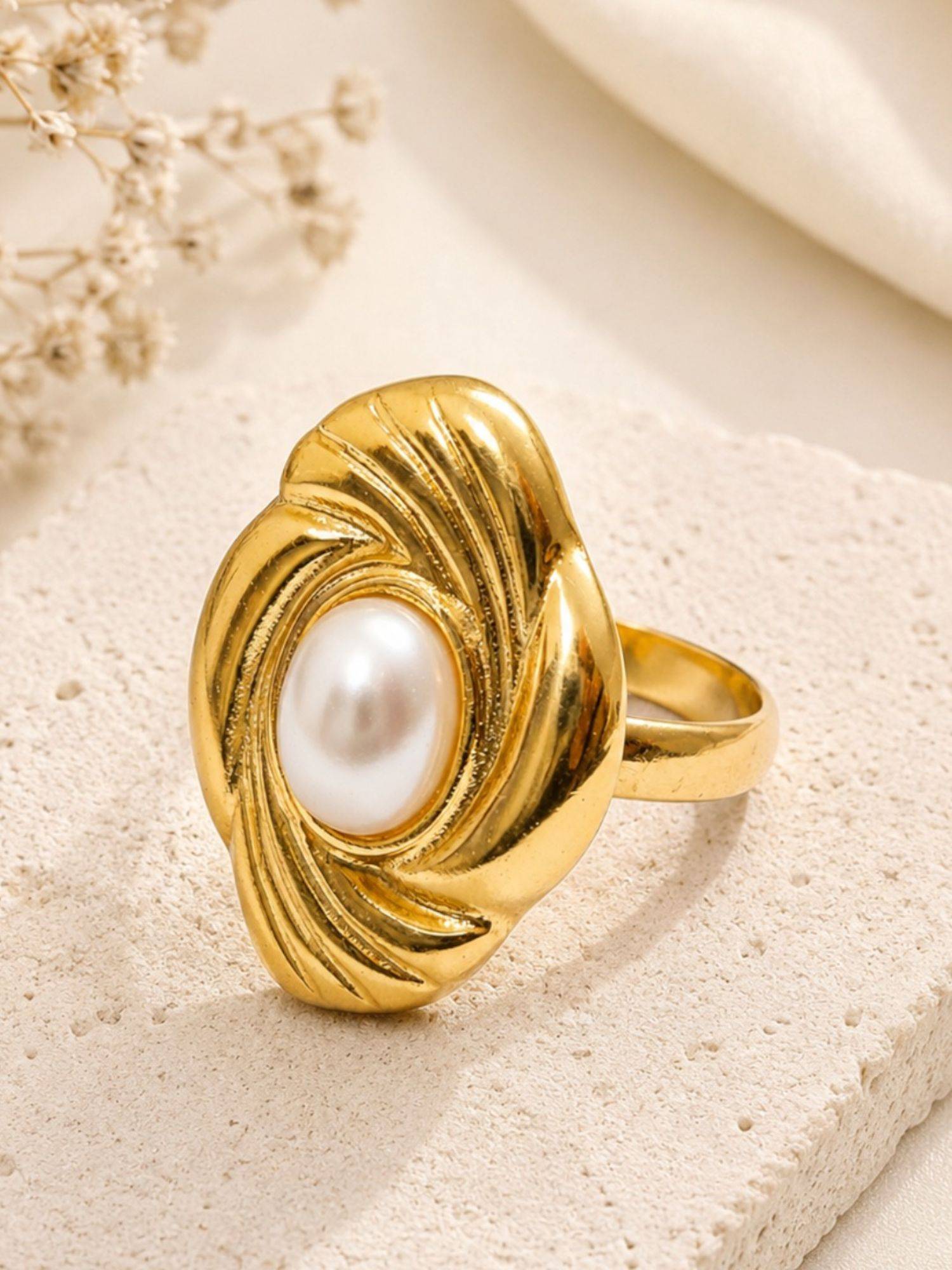 OOMPH Gold Anti Tarnish Swirl Pearl Adjustable Ring
