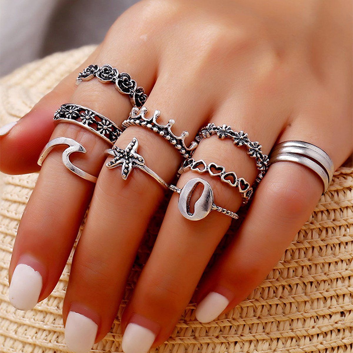 Buy Yellow Chimes Silver Oxidised Knuckle Rings set Online