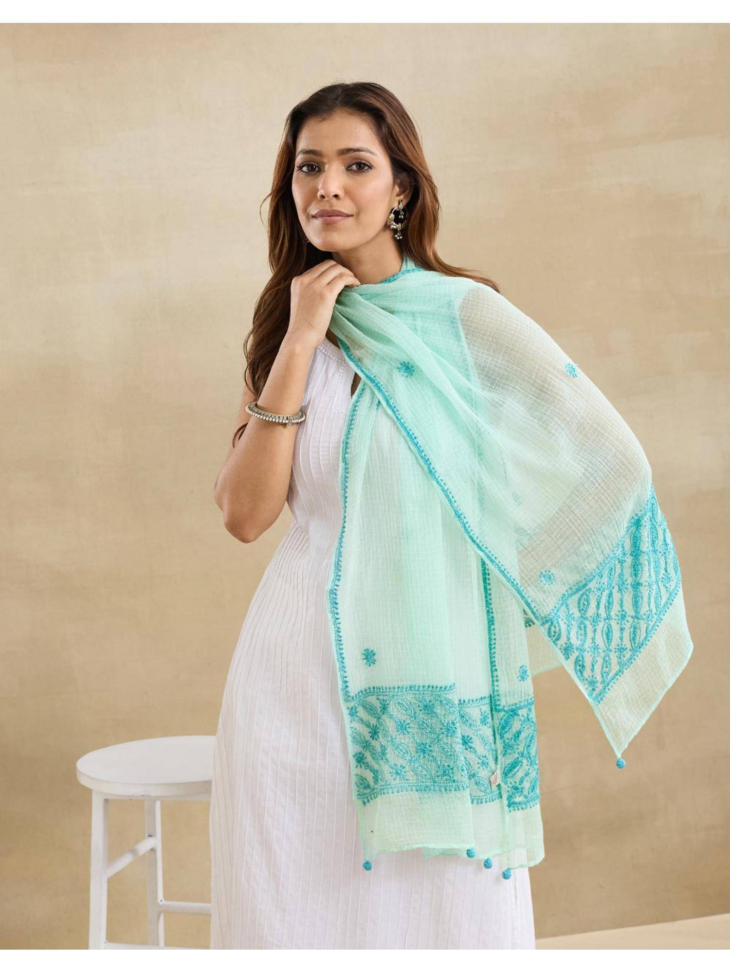 Fabindia Blue Cotton Silk Blend Chikankari Stole
