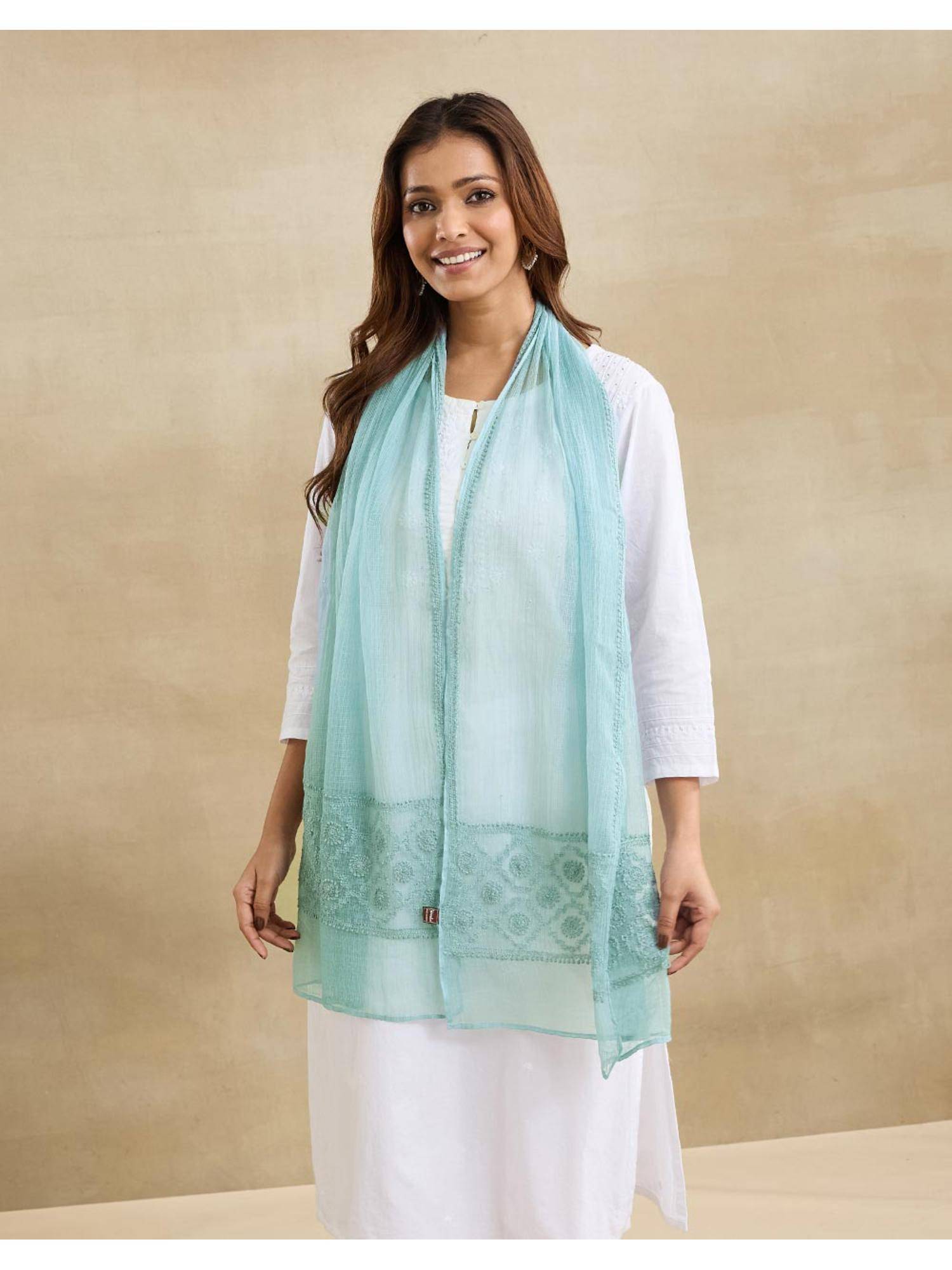 Fabindia Light Blue Cotton Silk Blend Chikankari Stole