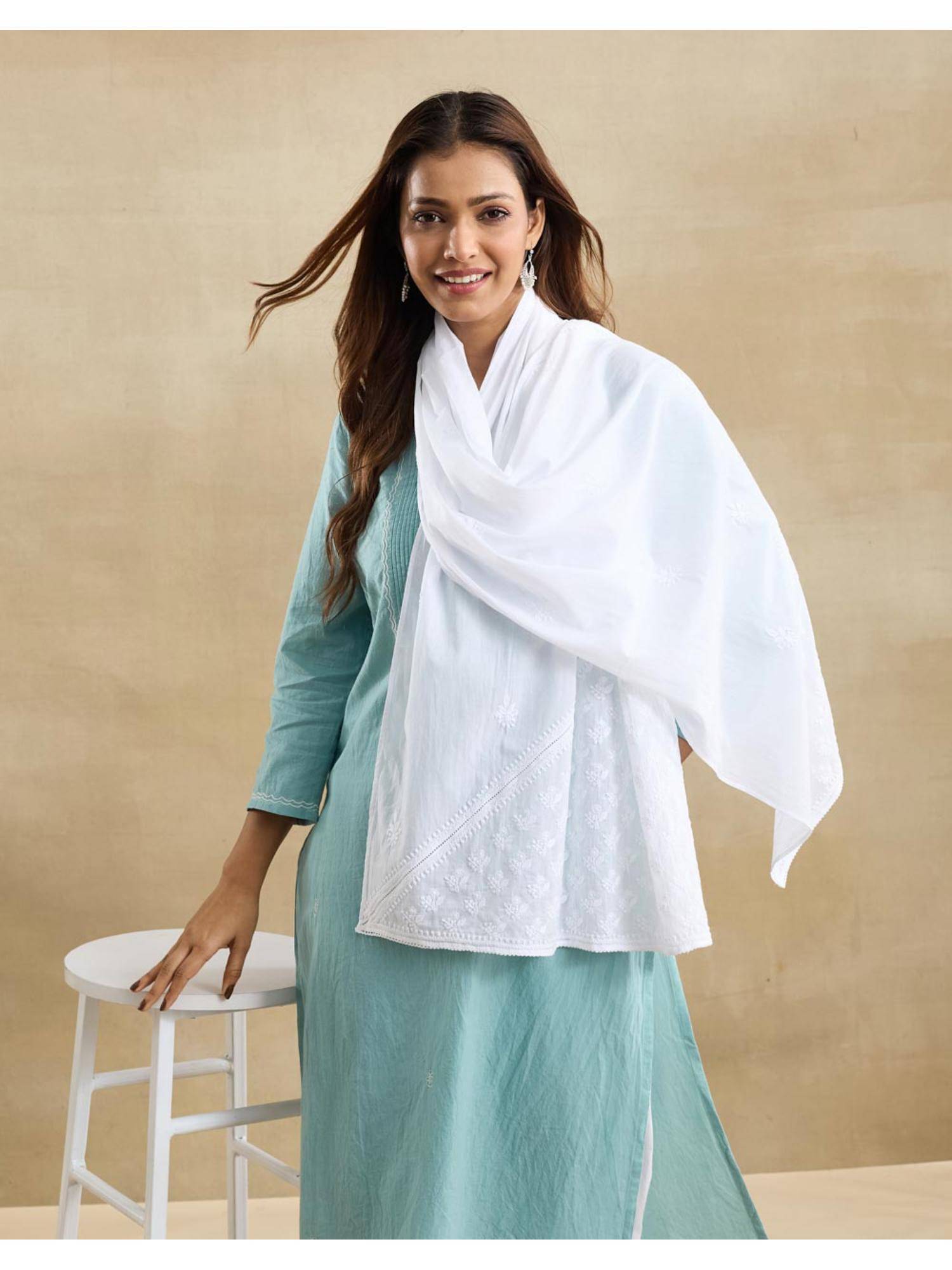 Fabindia White Cotton Chikankari Stole