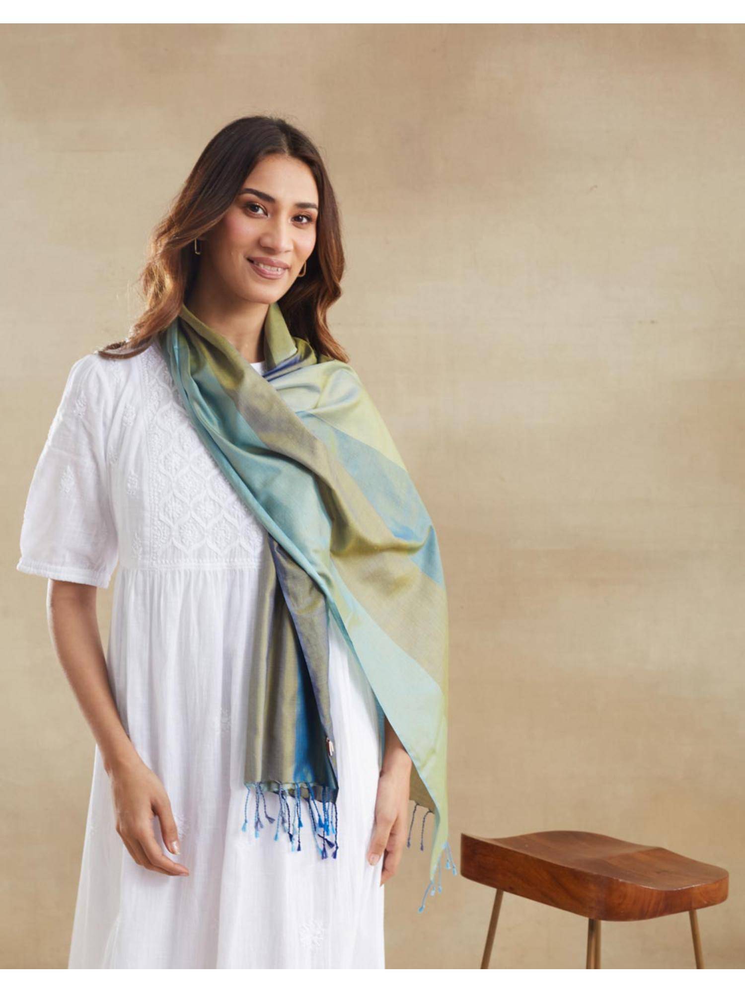 Fabindia Women Green Silk Stole