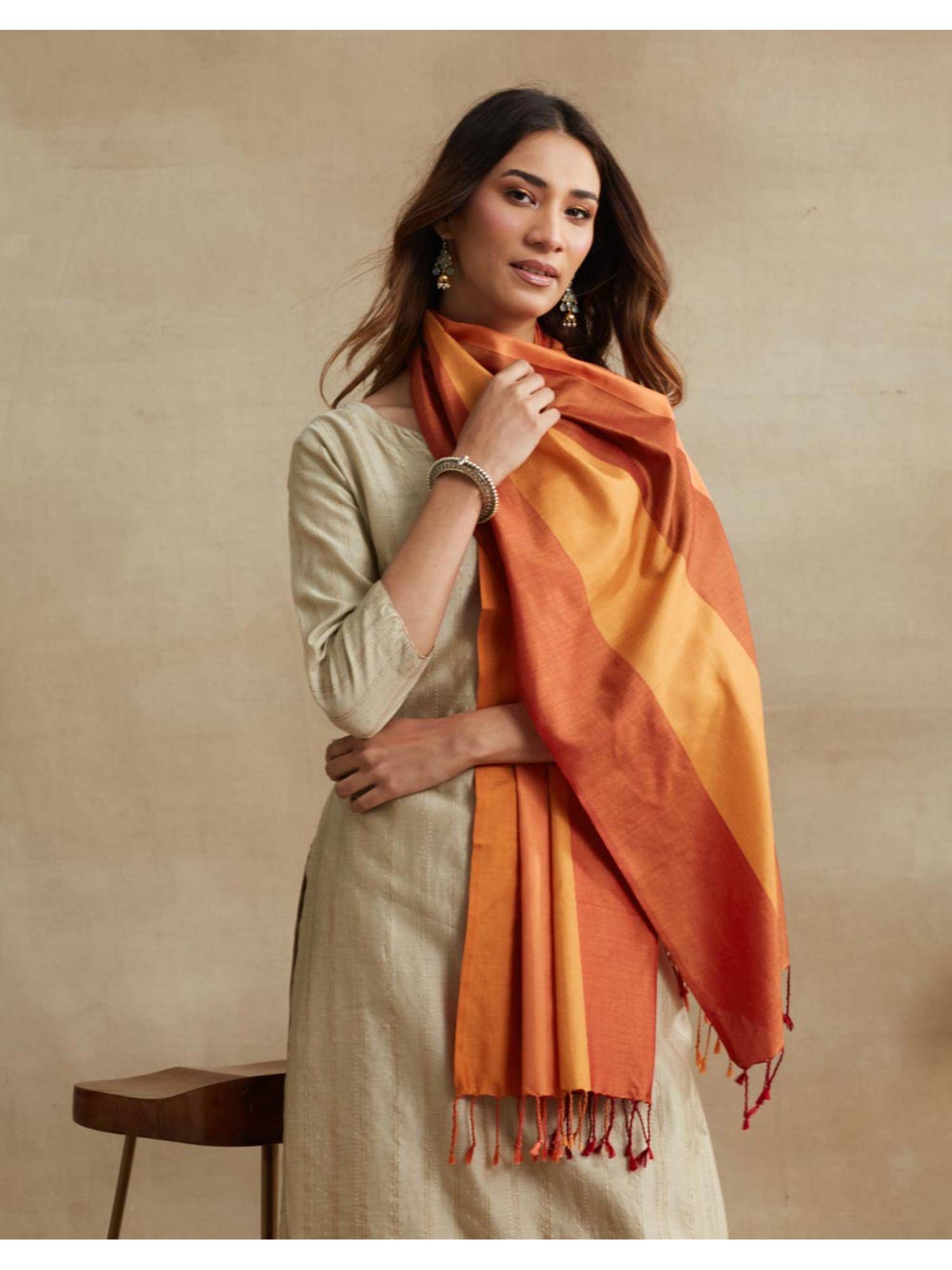 Fabindia Women Orange Silk Stole