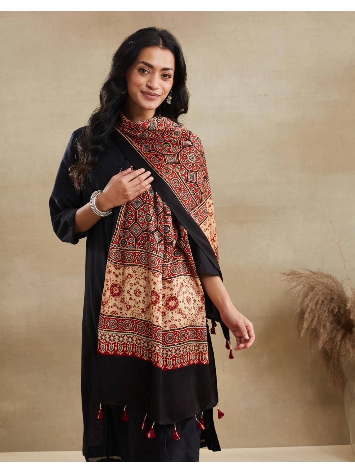 Fabindia Red Viscose Blend Ajrakh Printed Stole