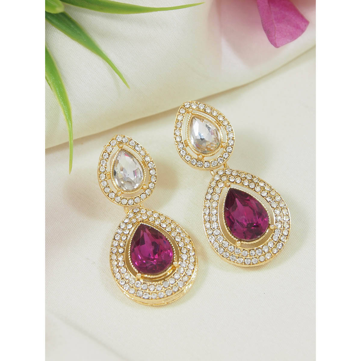 I Jewels Gold Plated Pink Teardrop Shaped Earrings for Women