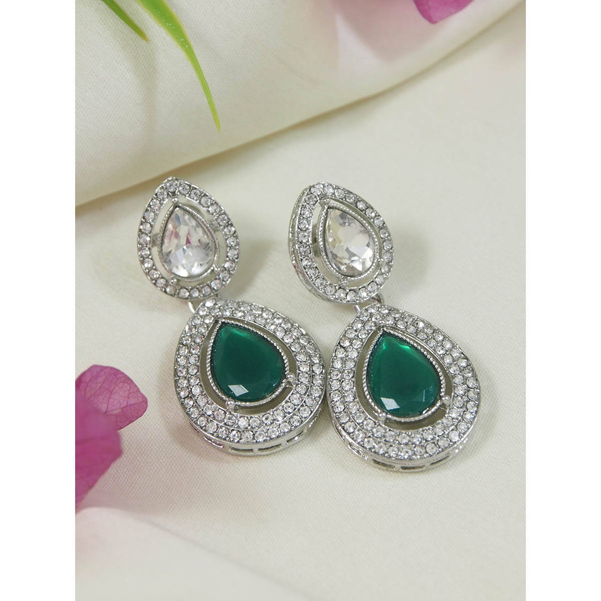 I Jewels Silver Plated Green Teardrop Shaped Earrings for Women