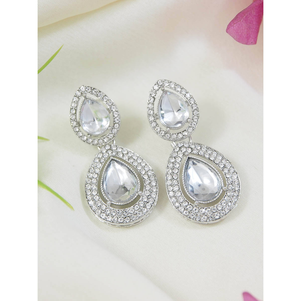 I Jewels Silver Plated White Teardrop Shaped Earrings for Women