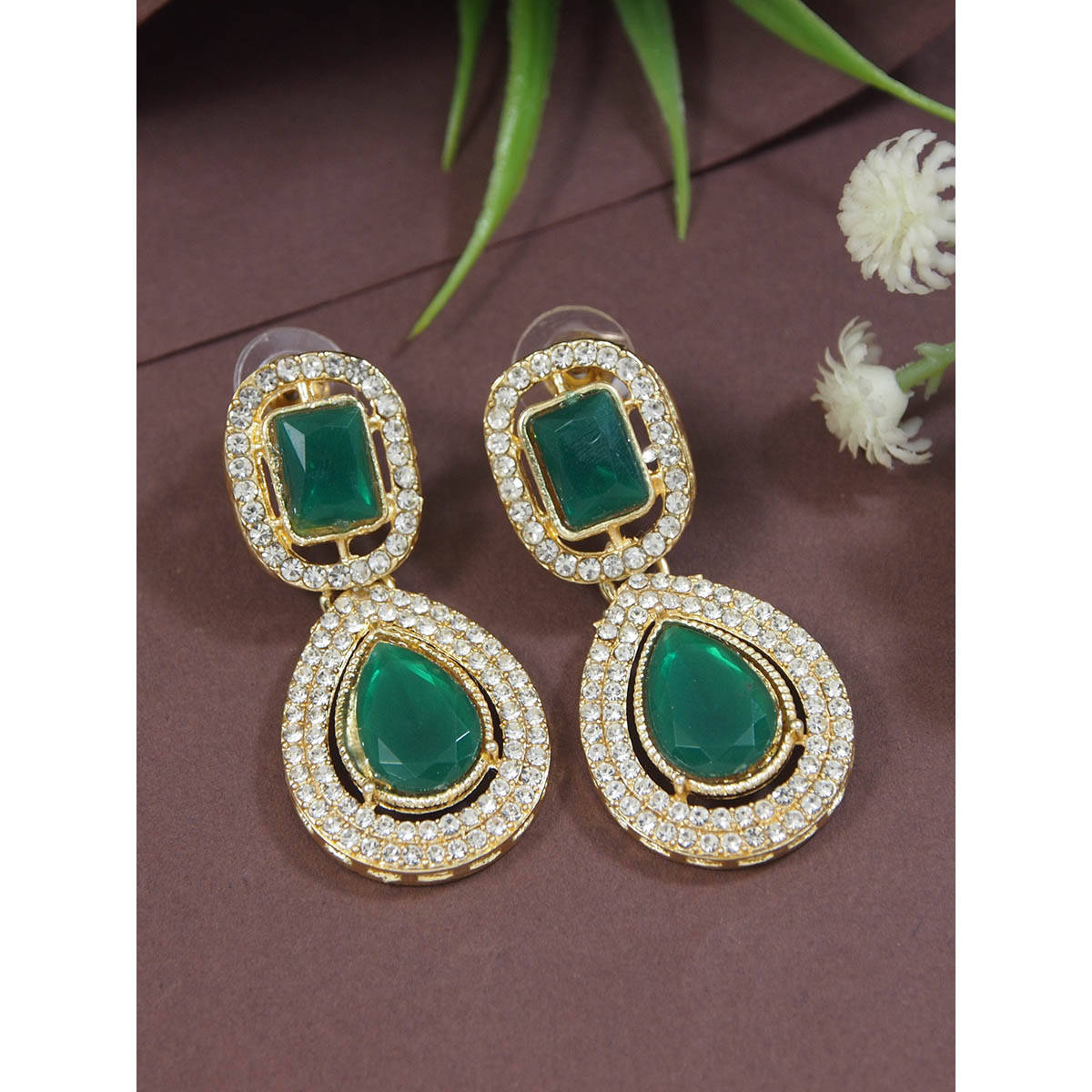 I Jewels Gold Plated Green Teardrop Shaped Earrings for Women