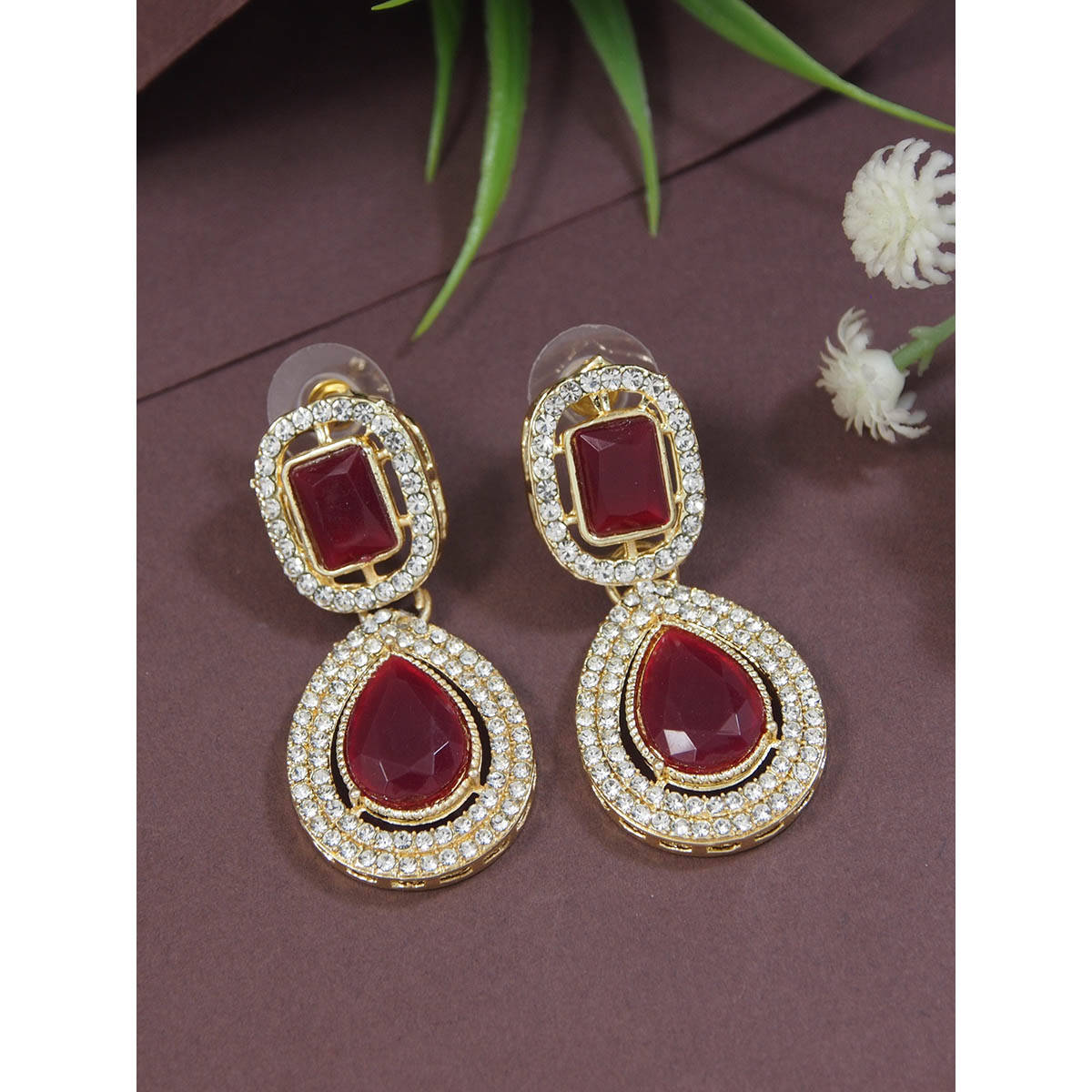 I Jewels Gold Plated Maroon Teardrop Shaped Earrings for Women