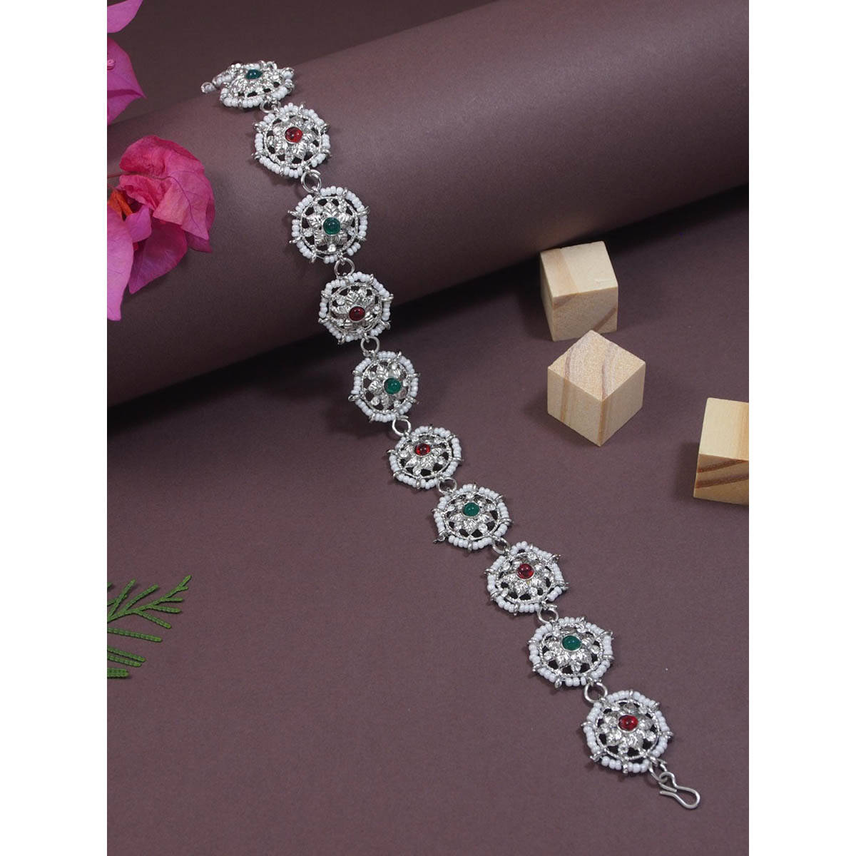 I Jewels Traditional Floral Kundan and Pearl Sheeshphool Matha Patti