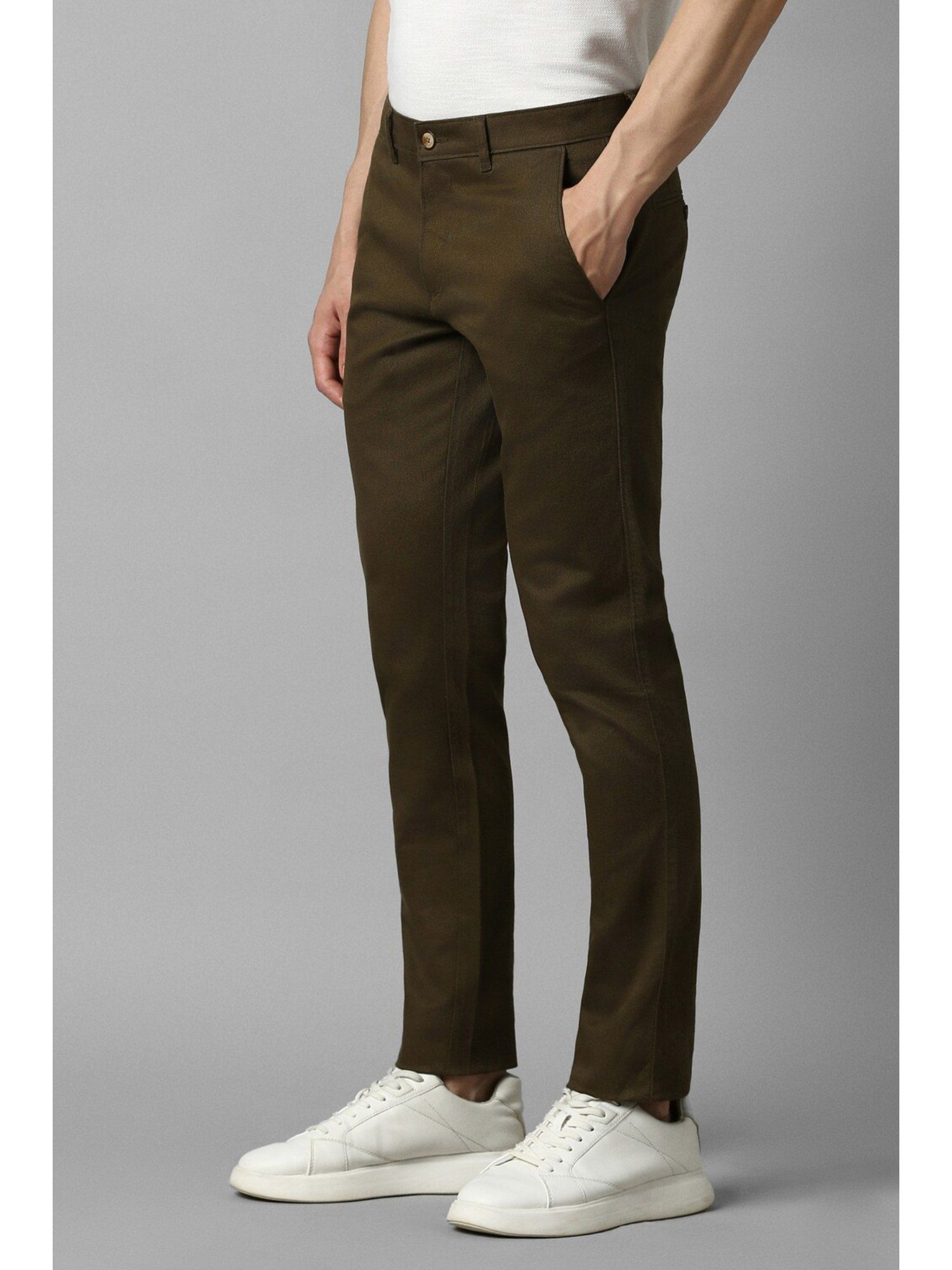 Buy Louis Philippe Men Olive Super Slim Fit Textured Flat Front Casual Trousers Online