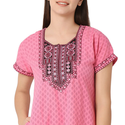 Juliet Womens Printed Premium Cotton Nighty Pink (L)