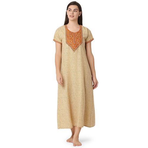 Juliet Womens Printed Premium Cotton Nighty Beige (L) - Main Image