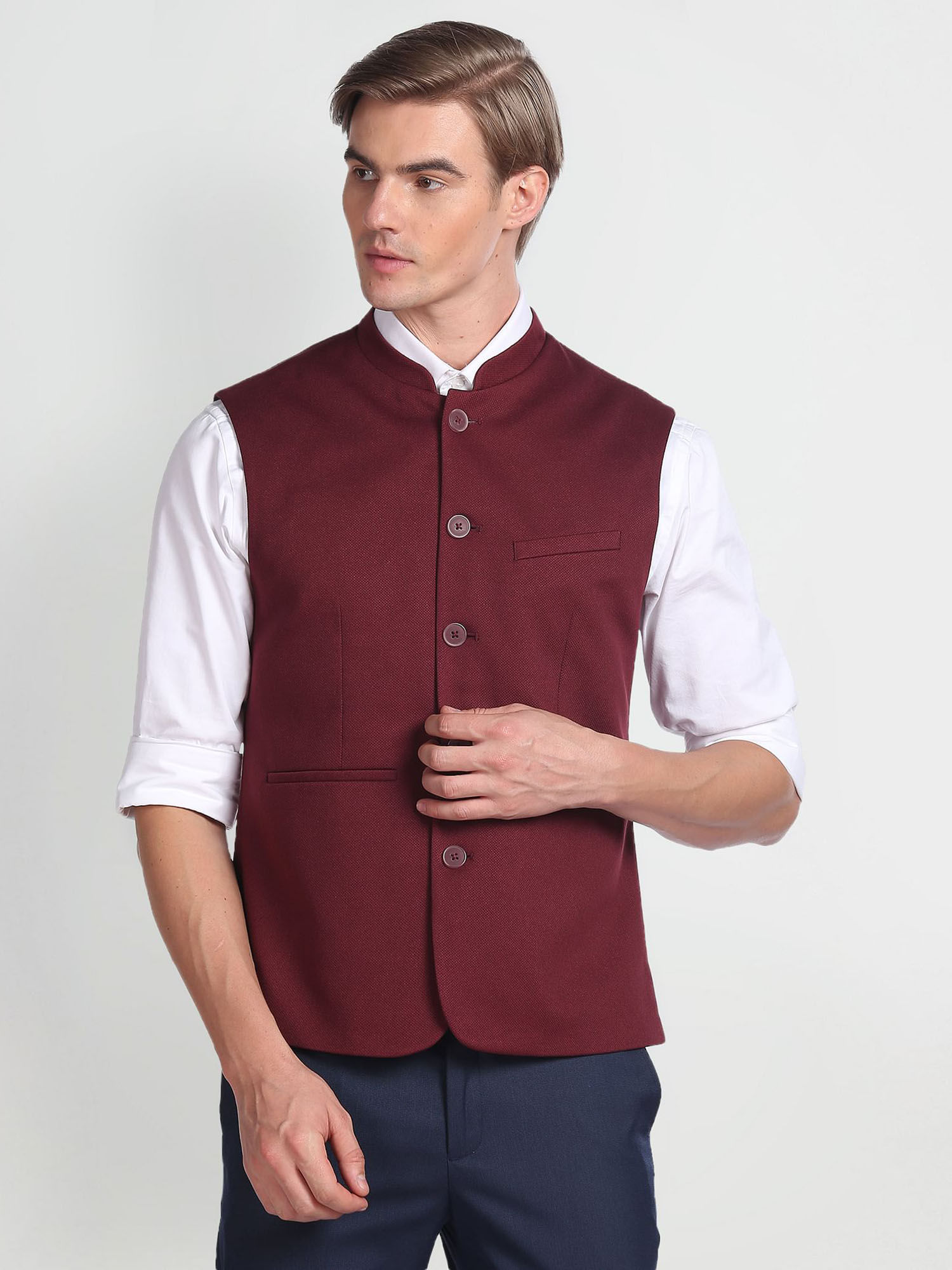 Buy Arrow Mandarin Collar Sleeveless Nehru Jacket red Online