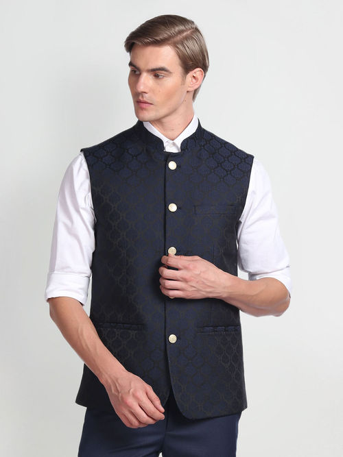 Buy Arrow Mandarin Collar Jacquard Nehru Jacket-blue Online