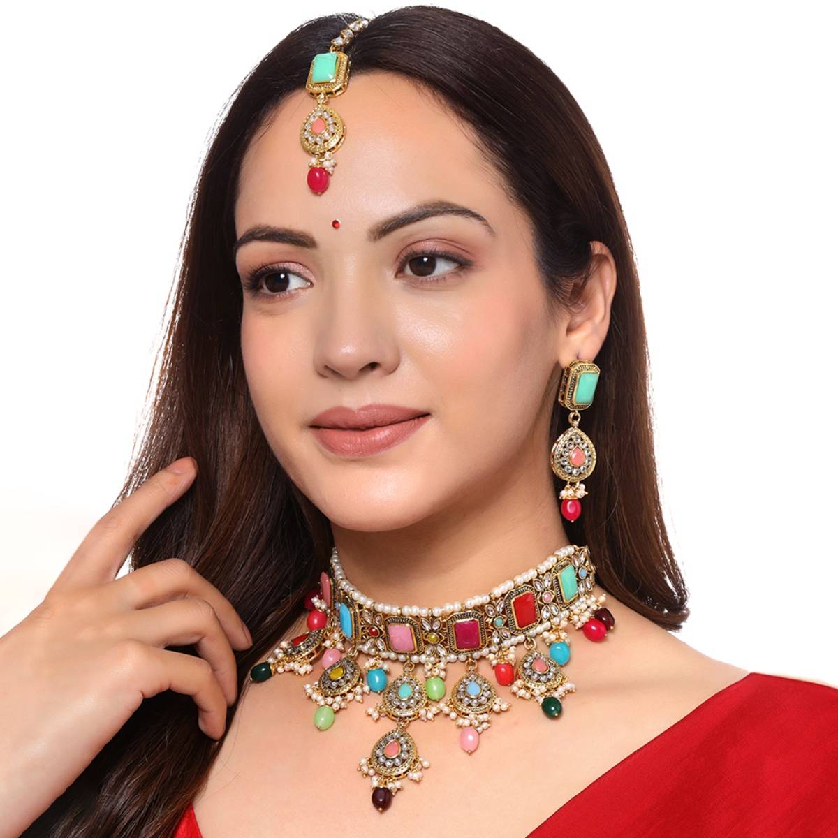 Yellow Chimes Gold-Plated Stone and Beaded Jewellery Set with Maangtikka