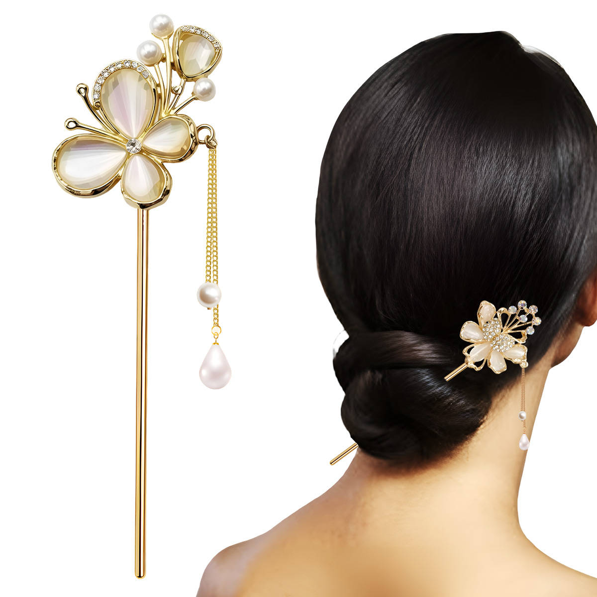 Matra Hair Stick for Bun Juda Metal Jooda Pin Clip Gold-tone Fancy Rhinestone Pearl Tassel Accessory